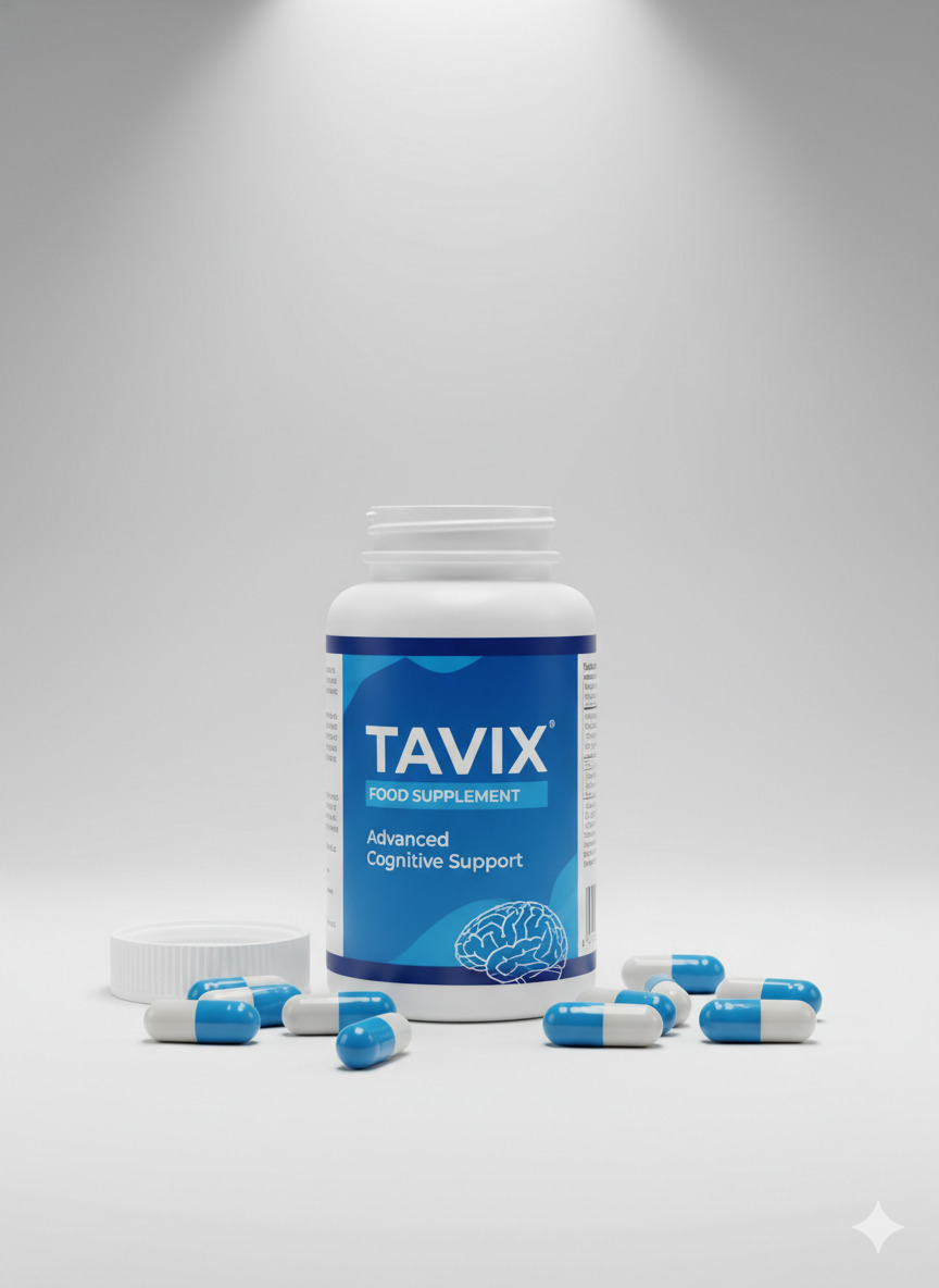 Tavix food supplement bottle with capsules on a plain studio surface